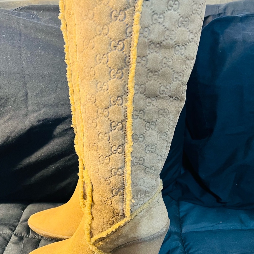 Rare Find-Vintage Gucci GG Suede Knee High Wedge Boots - Picture 8 of 13